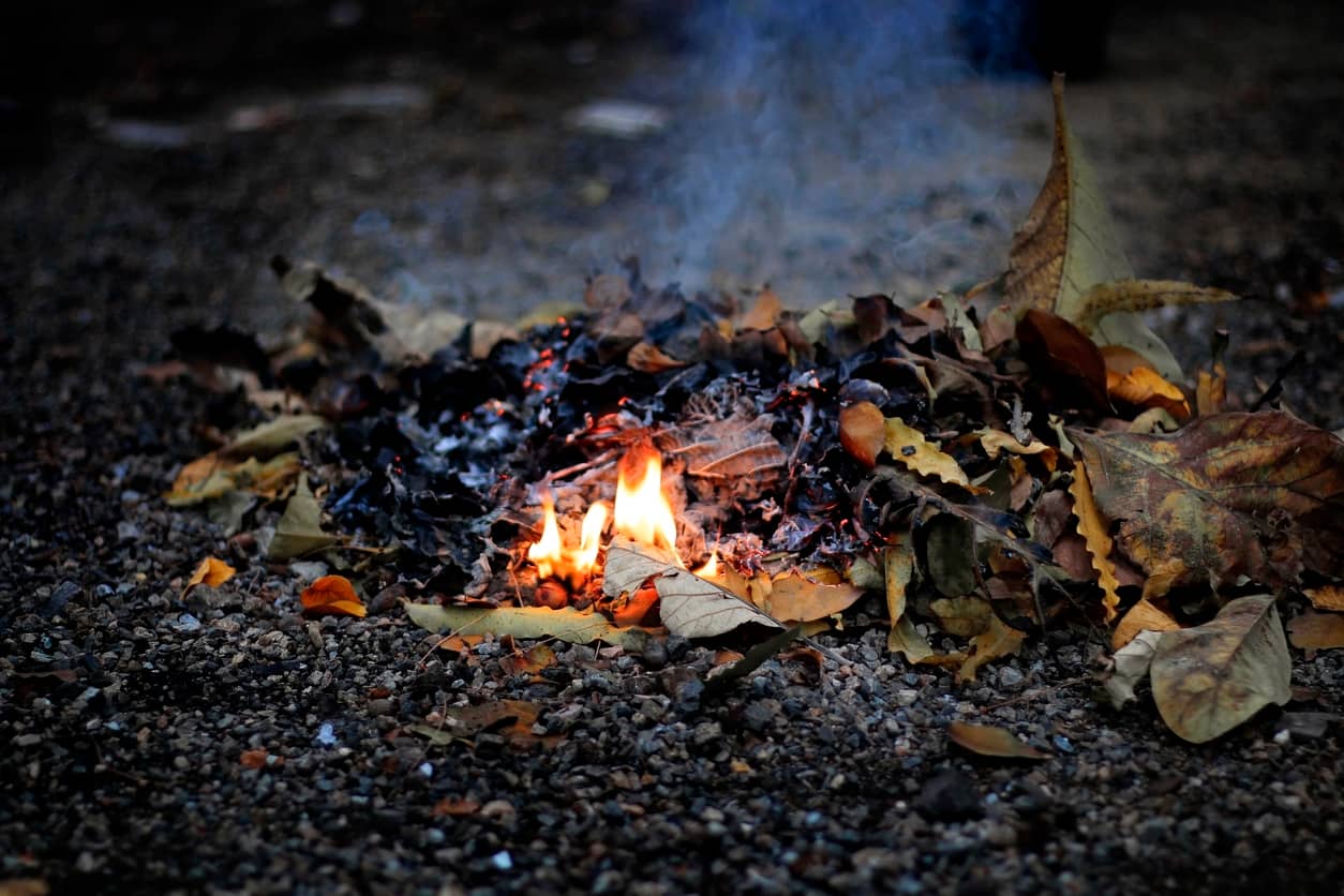 Trash heap of dry leaves are burned with fire and smoke.